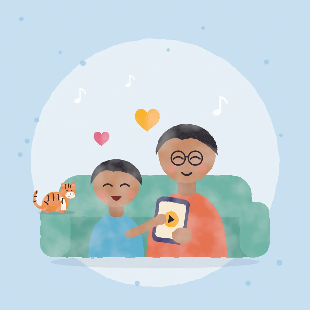 A dad on the sofa with ululu on his phone while his son presses play